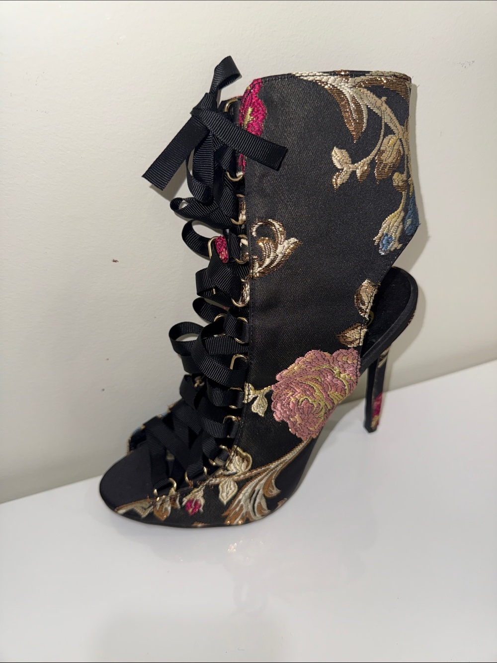 Floral Lace-Up Peep Toe Stiletto Bootie - Black with Gold & Pink Embroidery